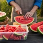 a person cutting a watermelon