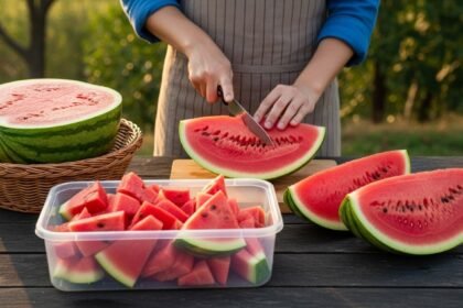 a person cutting a watermelon
