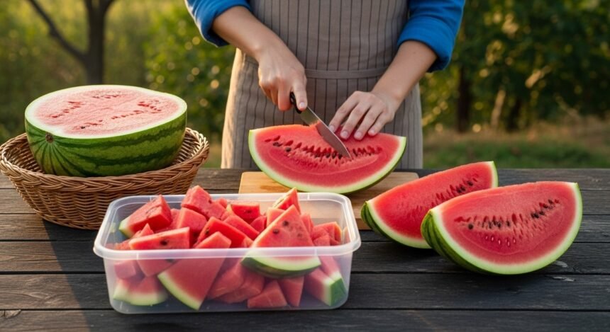 a person cutting a watermelon