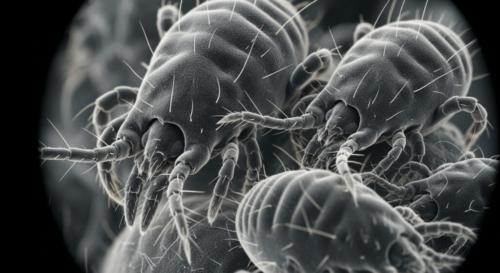 Μεγεθυμένη εικόνα τριών καφέ ακάρεων σκόνης, όπως φαίνονται κάτω από μικροσκόπιο, με εμφανή πόδια και λεπτομέρειες σώματος.