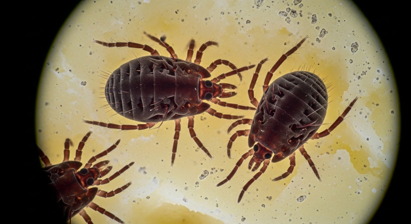 Ηλεκτρονική μικροσκοπική απεικόνιση ακάρεων με εμφανή αγκαθωτά πόδια και τριχωτό σώμα σε υψηλή λεπτομέρεια.