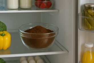 Το εσωτερικό ενός σύγχρονου ψυγείου με ανοιχτή πόρτα, όπου σε ένα ράφι βρίσκεται ένα διάφανο μπολ γεμάτο αλεσμένο καφέ. Γύρω του υπάρχουν φρέσκα λαχανικά και ποτά.