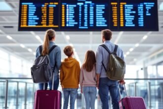 family airport terminal looking flight board - Έξυπνα tips για ταξίδια με παιδιά: Πώς να κρατήσετε την τάξη και την ηρεμία στην οικογένεια