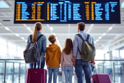 family airport terminal looking flight board - Έξυπνα tips για ταξίδια με παιδιά: Πώς να κρατήσετε την τάξη και την ηρεμία στην οικογένεια