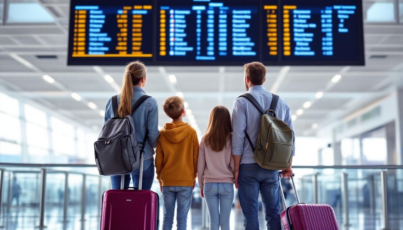 family airport terminal looking flight board - Έξυπνα tips για ταξίδια με παιδιά: Πώς να κρατήσετε την τάξη και την ηρεμία στην οικογένεια