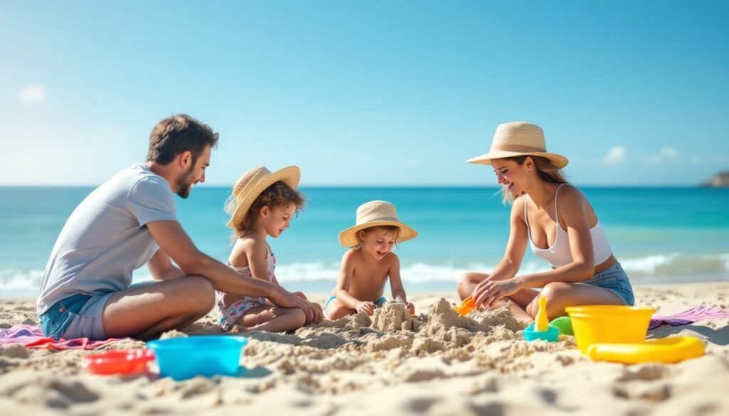 family playing beach sandcastles toys - Έξυπνα tips για ταξίδια με παιδιά: Πώς να κρατήσετε την τάξη και την ηρεμία στην οικογένεια