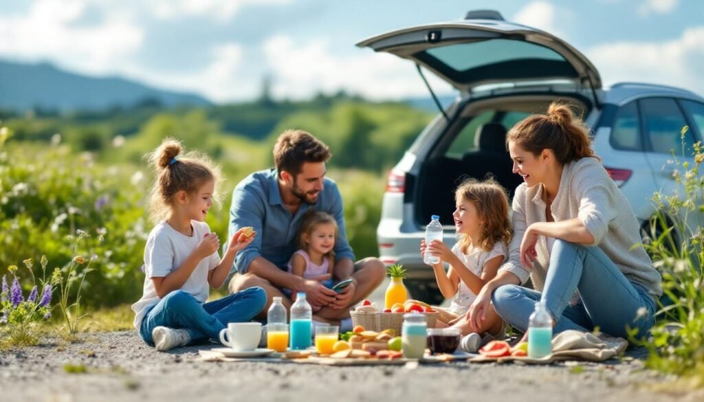 family rest stop snacking outdoors - Έξυπνα tips για ταξίδια με παιδιά: Πώς να κρατήσετε την τάξη και την ηρεμία στην οικογένεια