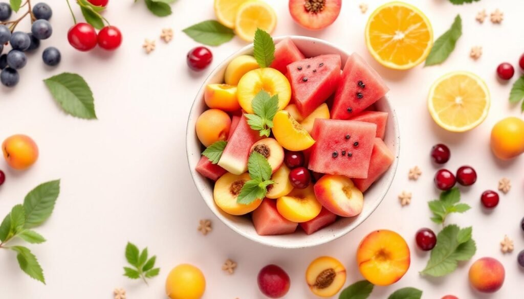 fresh seasonal fruits bowl vitamin icons - Εποχικά vs Μη Εποχικά Φρούτα: Διατροφική αξία και οφέλη