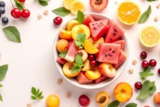 fresh seasonal fruits bowl vitamin icons - Αυτό το φρούτο προστατεύει την καρδιά και ρίχνει τη χοληστερίνη