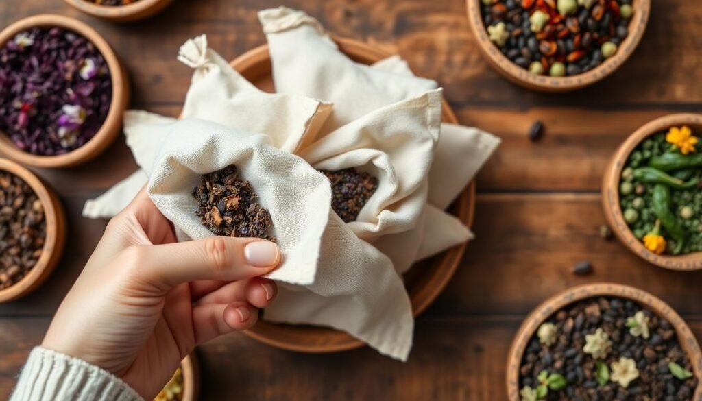 hand filling lavender basil sachets diy - Δημιουργήστε μόνοι σας αρωματικά χώρου με υλικά από τον κήπο