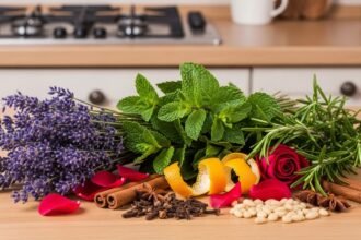Μια πολύχρωμη σύνθεση από φρέσκα βότανα και μπαχαρικά πάνω σε πάγκο κουζίνας, όπως λεβάντα, δυόσμος, δεντρολίβανο, κανέλα, γαρύφαλλο, γλυκάνισος, ροδοπέταλα, φλούδα πορτοκαλιού και λευκά φασόλια.