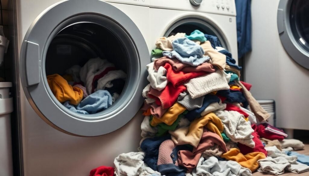 overcrowded washing machine laundry room - Προστάτεψε τα ρούχα σου: Τα λάθη που πρέπει να αποφεύγεις στο πλυντήριο