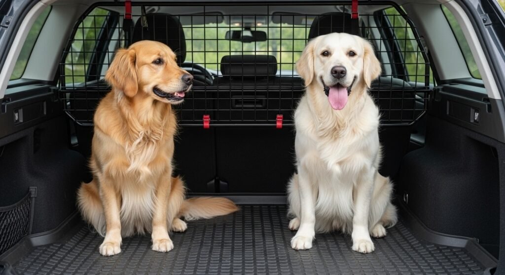Δύο Golden Retrievers καθισμένοι στο πίσω μέρος αυτοκινήτου τύπου SUV με πλέγμα ασφαλείας.