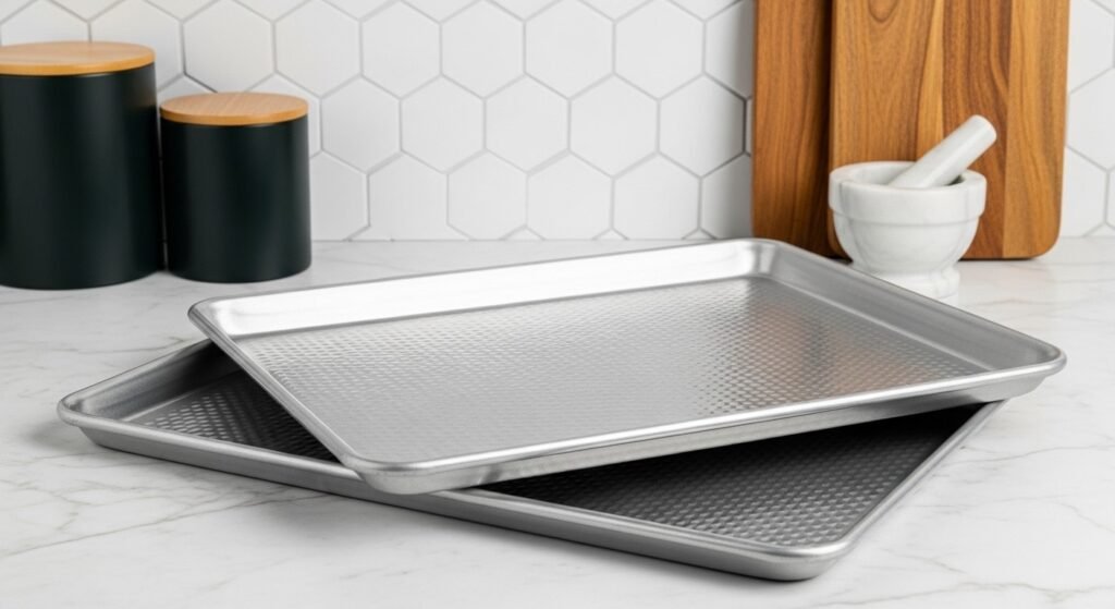 Καθαρά, αχρησιμοποίητα ταψιά κουζίνας πάνω σε πάγκο.