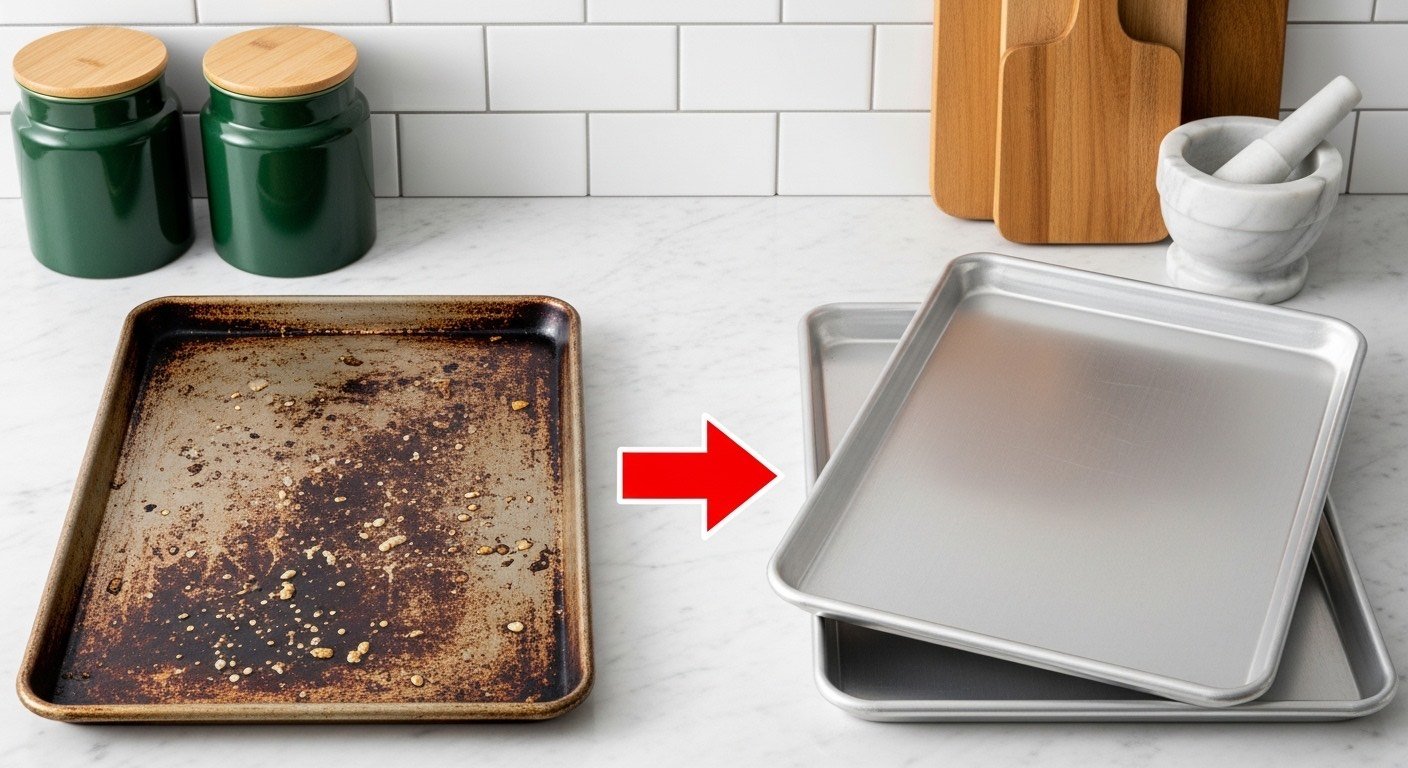Σύγκριση ταψιού πριν και μετά τον καθαρισμό με μαγειρική σόδα.