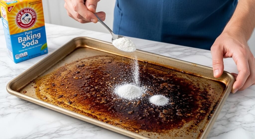 Πασπάλισμα μαγειρικής σόδας σε καμένο ταψί για καθάρισμα.