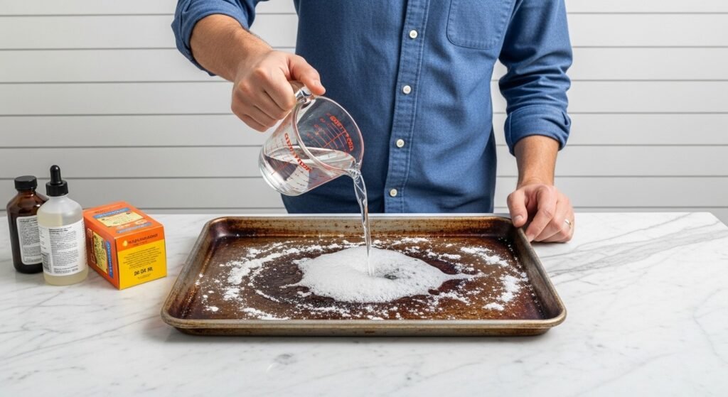 Ρίξιμο νερού σε μαγειρική σόδα για καθάρισμα καμένου ταψιού.