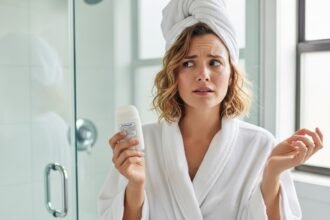 Γυναίκα με λευκή ρόμπα κοιτάζει προβληματισμένη ένα αποσμητικό μέσα σε μπάνιο.