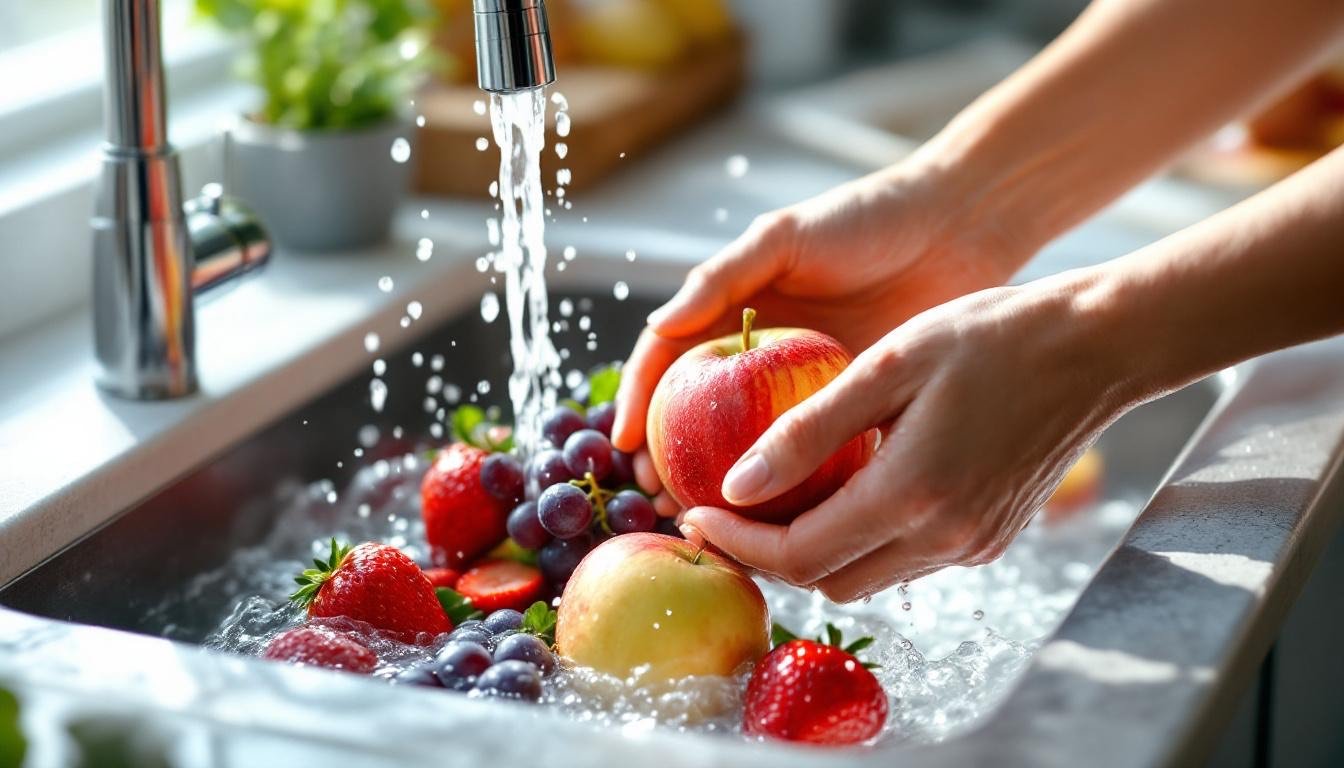 fresh fruits washing kitchen sink 6de98307 - Ασφαλές πλύσιμο φρούτων: Γιατί το σαπούνι δεν είναι η σωστή επιλογή