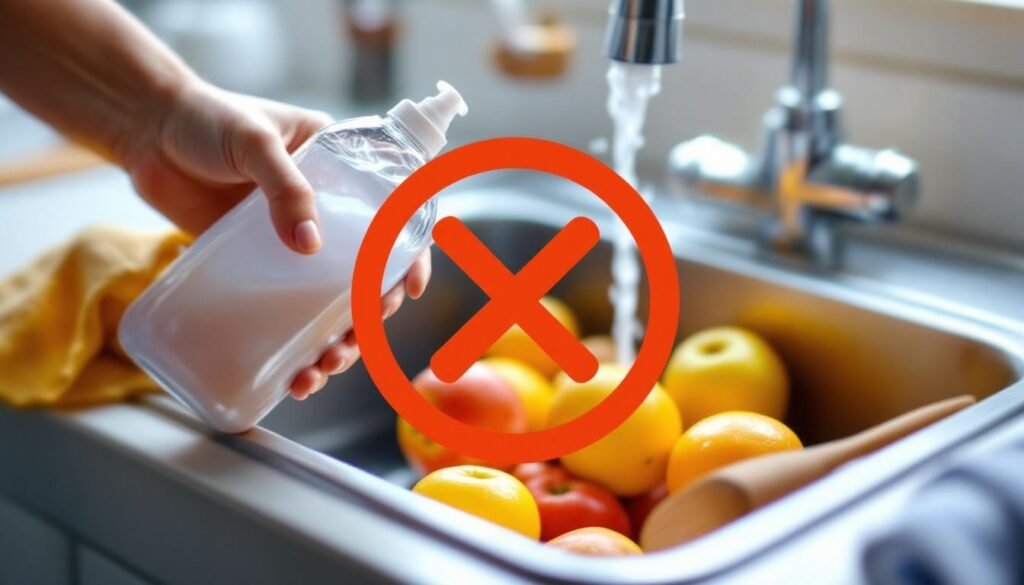 hand holding dish soap warning fruits sink - Ασφαλές πλύσιμο φρούτων: Γιατί το σαπούνι δεν είναι η σωστή επιλογή