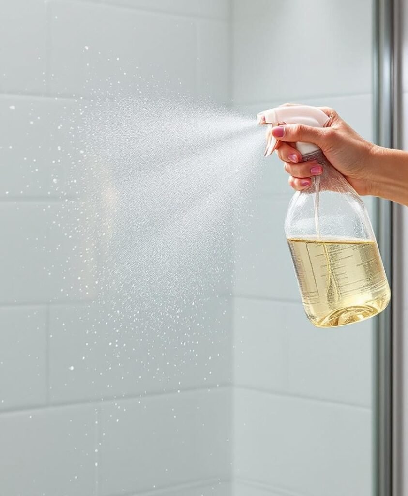 Το μυστικό για να μη θαμπώνουν τα τζάμια στο μπάνιο 2 hand spraying vinegar solution shower door - Το μυστικό για να μη θαμπώνουν τα τζάμια στο μπάνιο