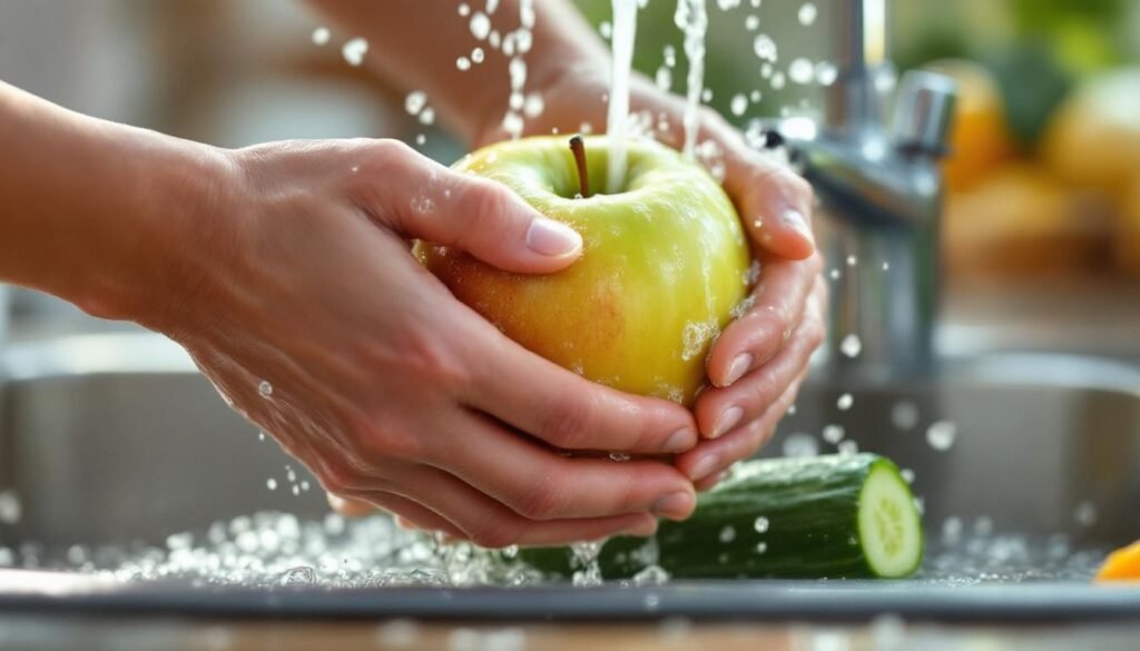 hands washing apple cucumber brush - Ασφαλές πλύσιμο φρούτων: Γιατί το σαπούνι δεν είναι η σωστή επιλογή