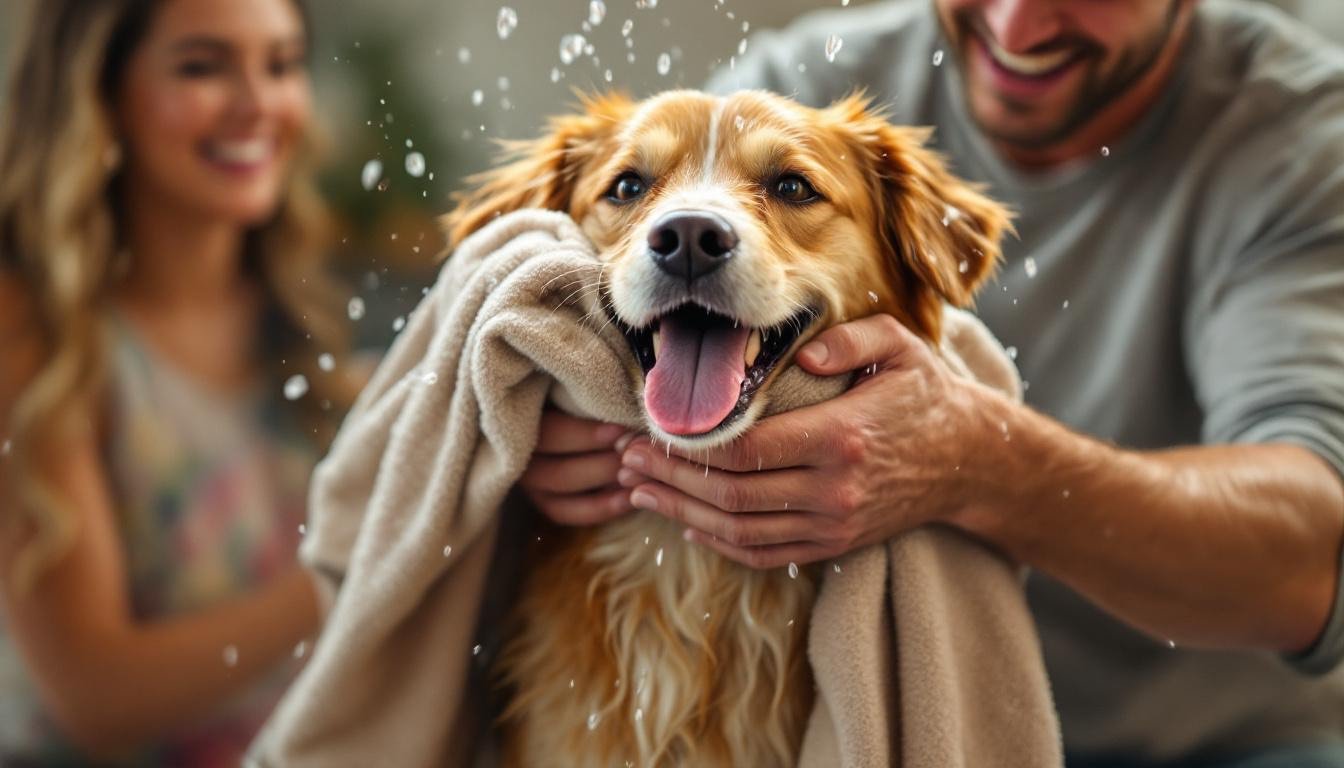 happy dog drying with towel - Οδηγός μπάνιου σκύλου στο σπίτι: ασφαλείς τεχνικές και συμβουλές ειδικών