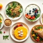 healthy high protein dinner table overhead - 5 Πρωτεϊνούχες Συνταγές για Υγιεινό Βραδινό Γεύμα