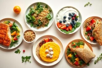 healthy high protein dinner table overhead - 5 Πρωτεϊνούχες Συνταγές για Υγιεινό Βραδινό Γεύμα