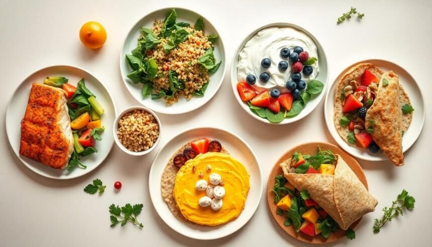 healthy high protein dinner table overhead - 5 Πρωτεϊνούχες Συνταγές για Υγιεινό Βραδινό Γεύμα