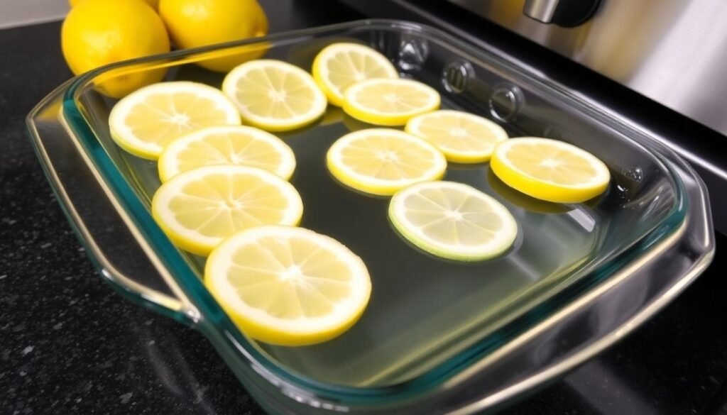 lemon slices glass baking dish kitchen counter - Φυσικός καθαρισμός φούρνου με λεμόνι: οδηγός βήμα-βήμα