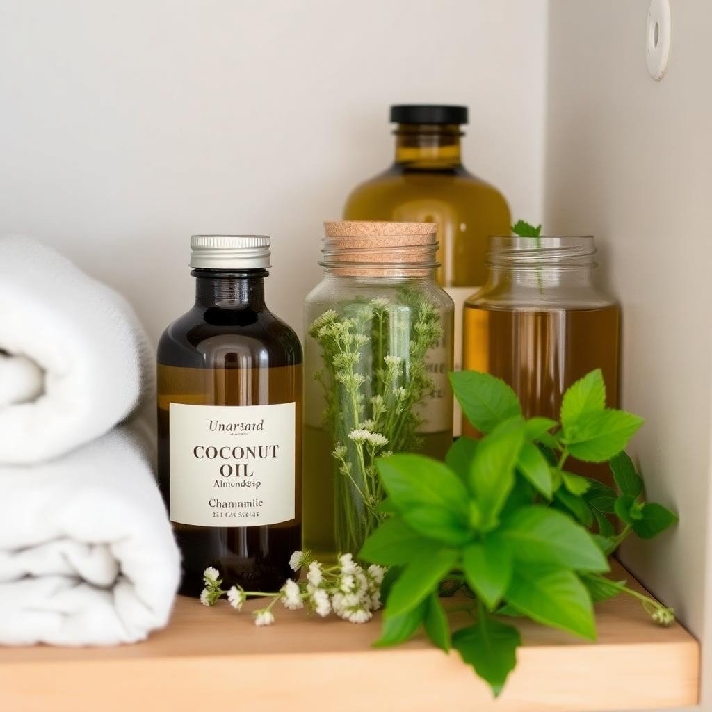 natural bathroom shelf oils soap herbs - Το λάθος που κάνουμε όλοι στο ντους και χειροτερεύει την κυτταρίτιδα