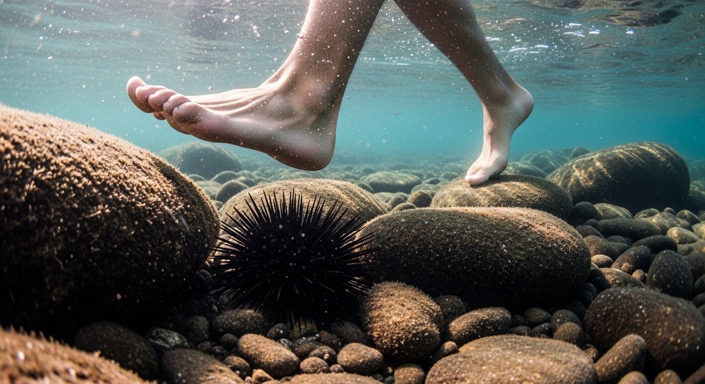 person exiting sea rocky beach - Γιατί το πάτημα αχινού χρειάζεται σωστή φροντίδα - Τι πρέπει να κάνετε