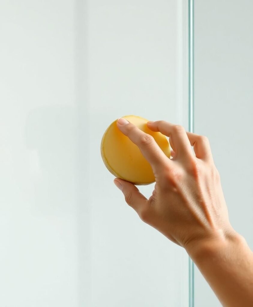 Το μυστικό για να μη θαμπώνουν τα τζάμια στο μπάνιο 3 potato rubbing shower glass closeup - Το μυστικό για να μη θαμπώνουν τα τζάμια στο μπάνιο