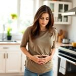 woman holding stomach casual kitchen - Φούσκωμα - πεπτικό: Η τροφή που εξαφανίζει το φούσκωμα σε λίγες ώρες