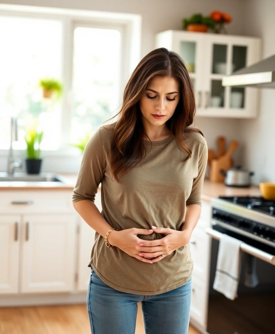 woman holding stomach casual kitchen - Φούσκωμα - πεπτικό: Η τροφή που εξαφανίζει το φούσκωμα σε λίγες ώρες