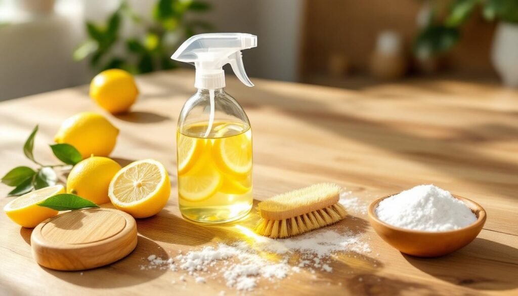 wooden kitchen table lemon cleaning supplies - Λεμόνι: Πέντε έξυπνες χρήσεις για το καθάρισμα του σπιτιού