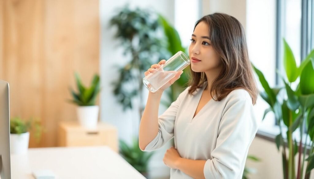 young woman drinking water at desk - Αυτό το καθημερινό λάθος αυξάνει την κυτταρίτιδα