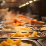 closeup buffet trays lukewarm food - Δηλητηρίαση από τον μπουφέ του ξενοδοχείου: Ποιες τροφές να αποφεύγεις