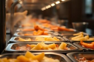 closeup buffet trays lukewarm food - Δηλητηρίαση από τον μπουφέ του ξενοδοχείου: Ποιες τροφές να αποφεύγεις