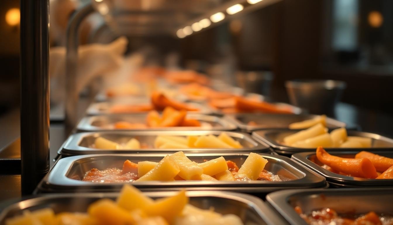 closeup buffet trays lukewarm food - Δηλητηρίαση από τον μπουφέ του ξενοδοχείου: Ποιες τροφές να αποφεύγεις