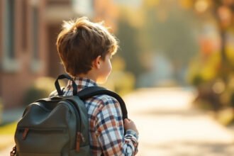 elementary child ergonomic backpack walking to school - Πόσο επιβαρύνει η σχολική τσάντα τη σπονδυλική στήλη των παιδιών;