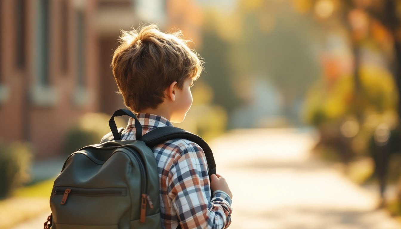 elementary child ergonomic backpack walking to school - Πόσο επιβαρύνει η σχολική τσάντα τη σπονδυλική στήλη των παιδιών;