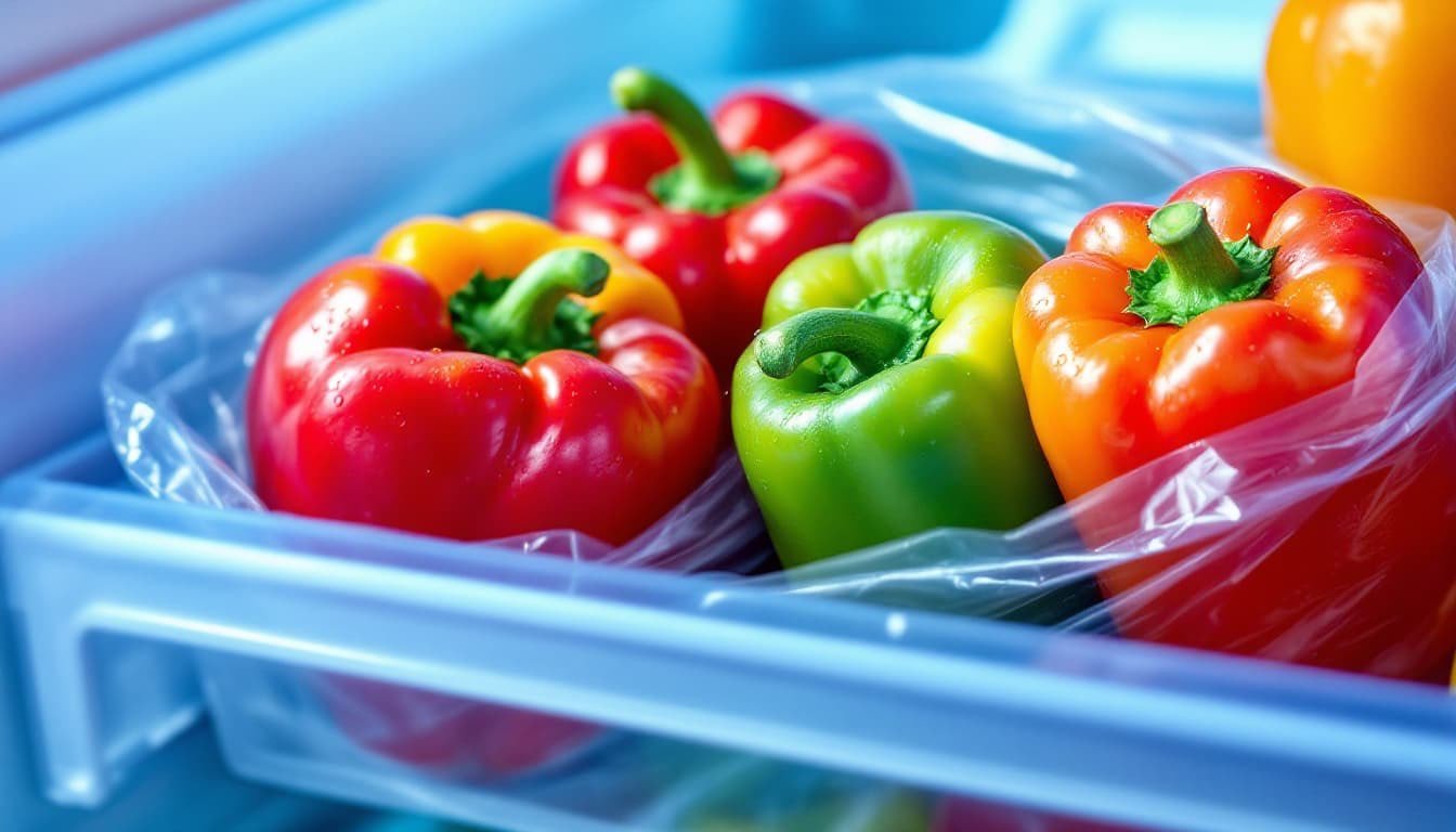 fresh colorful bell peppers fridge drawer - Πώς να διατηρήσεις τις πιπεριές φρέσκες για καιρό