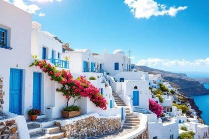 greek cycladic village white houses blue sea - Γιατί τα σπίτια στις Κυκλάδες είναι λευκά με μπλε λεπτομέρειες (ιστορία και μυστικά)