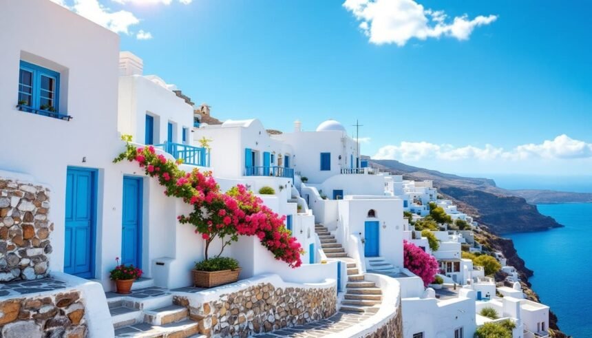 greek cycladic village white houses blue sea - Γιατί τα σπίτια στις Κυκλάδες είναι λευκά με μπλε λεπτομέρειες (ιστορία και μυστικά)