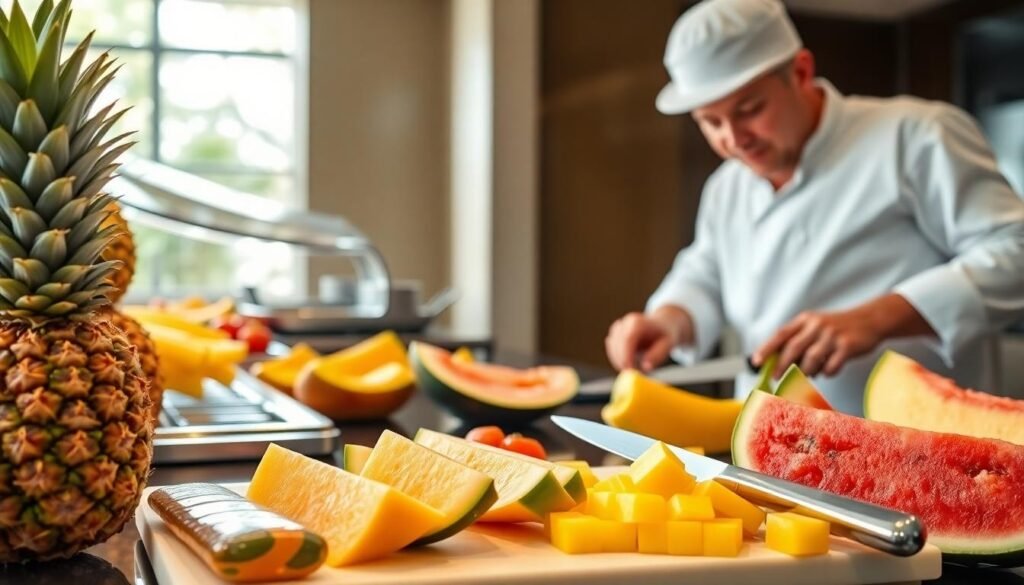 hotel buffet chef slicing fresh fruit - Δηλητηρίαση από τον μπουφέ του ξενοδοχείου: Ποιες τροφές να αποφεύγεις