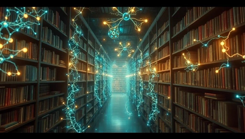 neural library glowing memory shards - Η ψυχολογία αποκαλύπτει: Γι’ αυτό βλέπεις τα όνειρα που βλέπεις!
