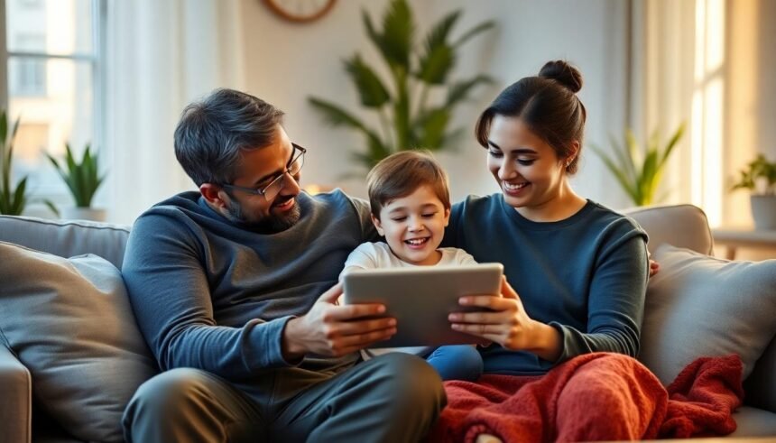 parent child playing tablet sofa living room - Διαδίκτυο: Συμβουλές για τη σωστή χρήση του και την ομαλότερη προσαρμογή των παιδιών στη νέα σχολική χρονιά