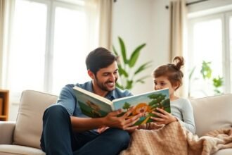 parent child reading sunny living room - Πώς θα γίνει το διάβασμα το αγαπημένο χόμπι του παιδιού